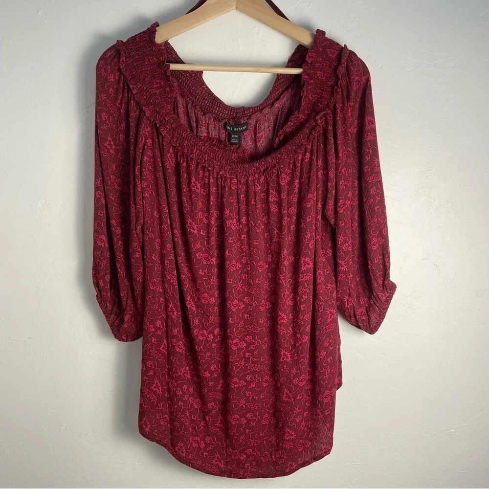 Lane Bryant 14/16 Boho Peasant Top Burgundy Fuchsia Floral Print Office Cottage